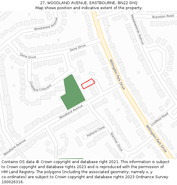 27, WOODLAND AVENUE, EASTBOURNE, BN22 0HQ: Location map and indicative extent of plot