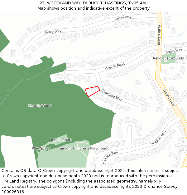 27, WOODLAND WAY, FAIRLIGHT, HASTINGS, TN35 4AU: Location map and indicative extent of plot