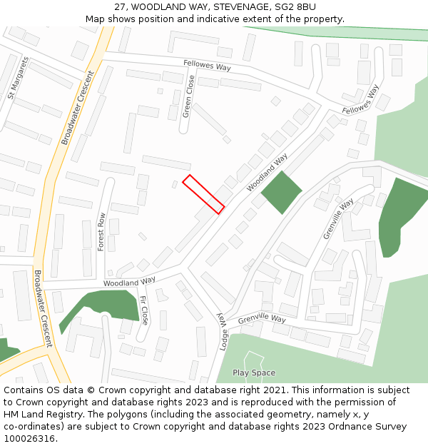 27, WOODLAND WAY, STEVENAGE, SG2 8BU: Location map and indicative extent of plot