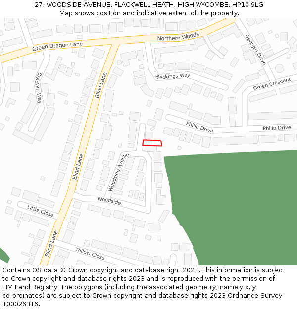 27, WOODSIDE AVENUE, FLACKWELL HEATH, HIGH WYCOMBE, HP10 9LG: Location map and indicative extent of plot
