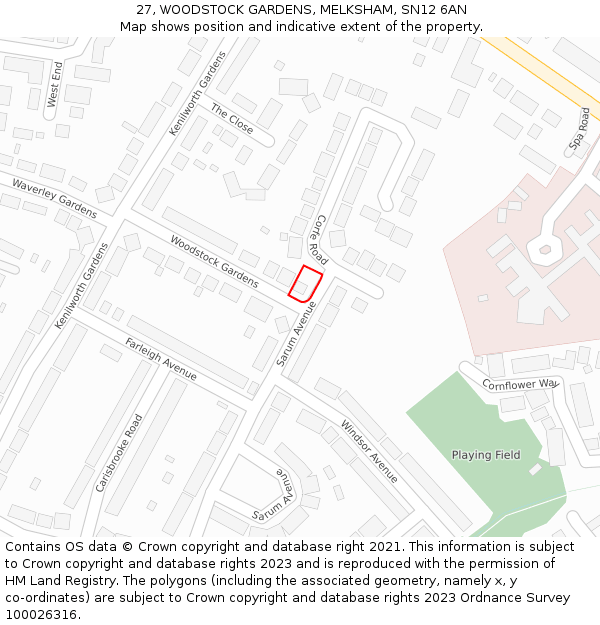 27, WOODSTOCK GARDENS, MELKSHAM, SN12 6AN: Location map and indicative extent of plot