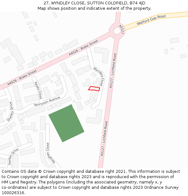 27, WYNDLEY CLOSE, SUTTON COLDFIELD, B74 4JD: Location map and indicative extent of plot