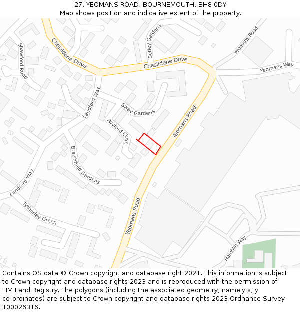 27, YEOMANS ROAD, BOURNEMOUTH, BH8 0DY: Location map and indicative extent of plot