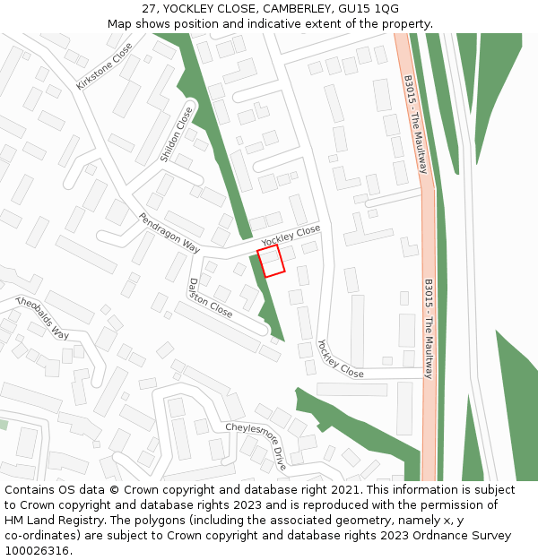 27, YOCKLEY CLOSE, CAMBERLEY, GU15 1QG: Location map and indicative extent of plot