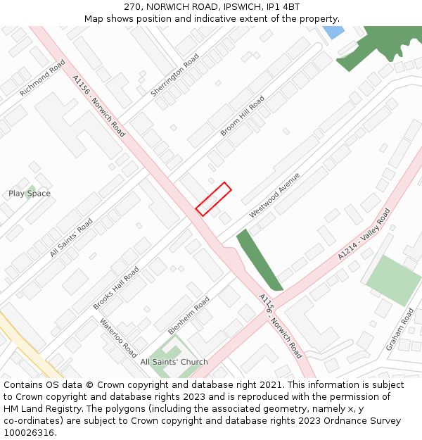 270, NORWICH ROAD, IPSWICH, IP1 4BT: Location map and indicative extent of plot