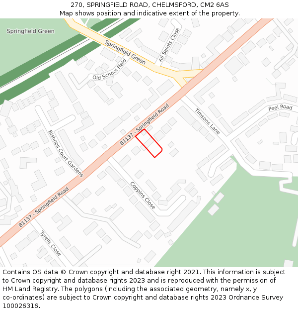 270, SPRINGFIELD ROAD, CHELMSFORD, CM2 6AS: Location map and indicative extent of plot