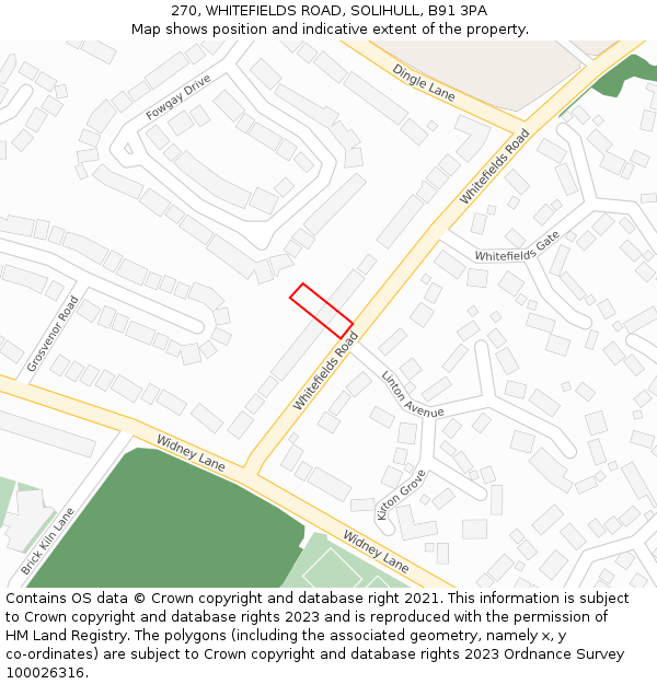 270, WHITEFIELDS ROAD, SOLIHULL, B91 3PA: Location map and indicative extent of plot