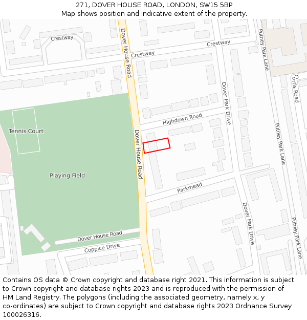 271, DOVER HOUSE ROAD, LONDON, SW15 5BP: Location map and indicative extent of plot