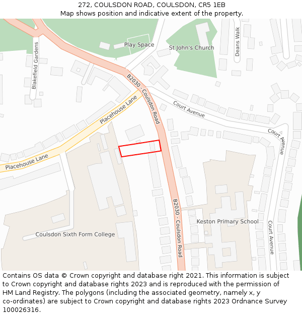 272, COULSDON ROAD, COULSDON, CR5 1EB: Location map and indicative extent of plot