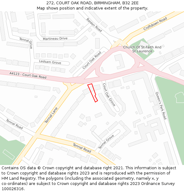 272, COURT OAK ROAD, BIRMINGHAM, B32 2EE: Location map and indicative extent of plot