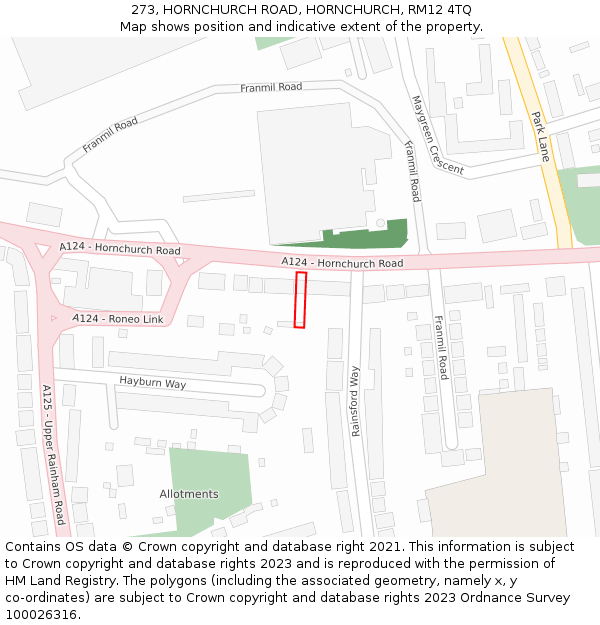 273, HORNCHURCH ROAD, HORNCHURCH, RM12 4TQ: Location map and indicative extent of plot