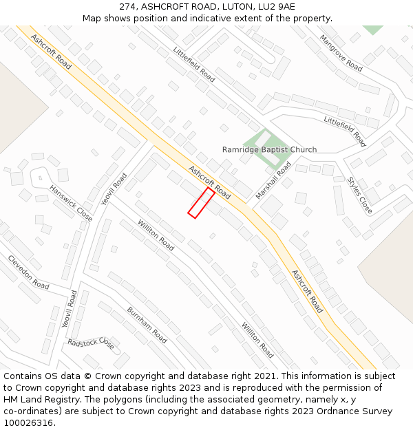 274, ASHCROFT ROAD, LUTON, LU2 9AE: Location map and indicative extent of plot