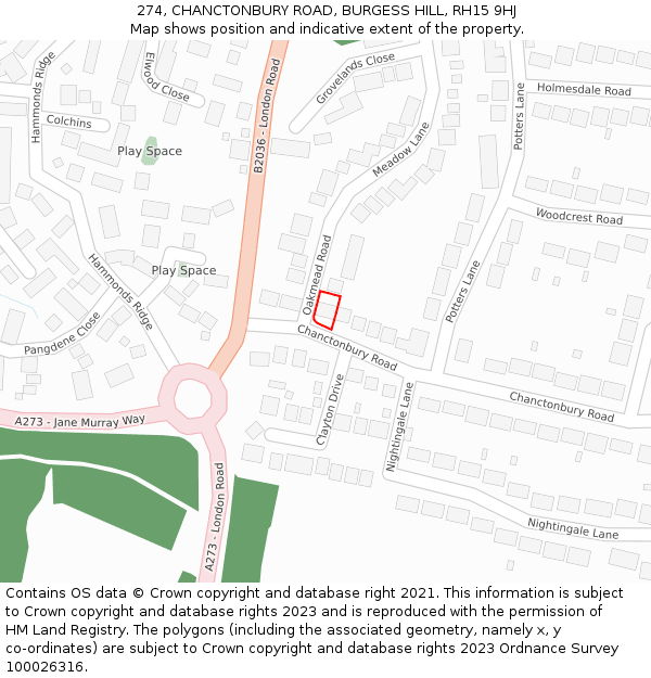 274, CHANCTONBURY ROAD, BURGESS HILL, RH15 9HJ: Location map and indicative extent of plot