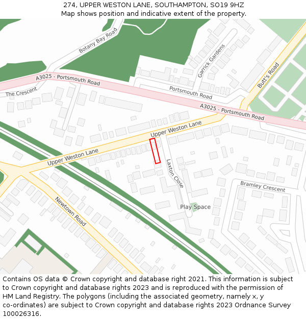 274, UPPER WESTON LANE, SOUTHAMPTON, SO19 9HZ: Location map and indicative extent of plot