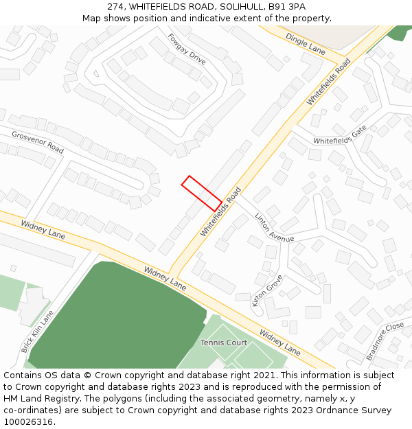 274, WHITEFIELDS ROAD, SOLIHULL, B91 3PA: Location map and indicative extent of plot