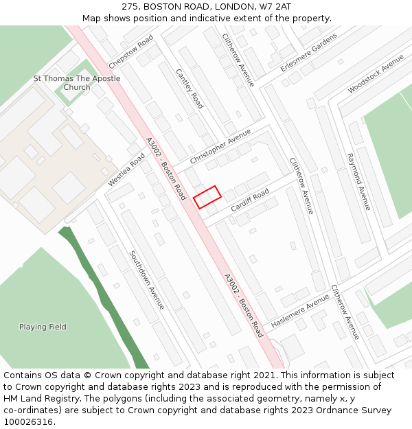 275, BOSTON ROAD, LONDON, W7 2AT: Location map and indicative extent of plot