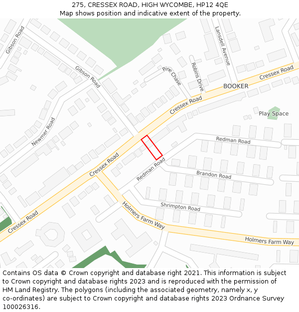 275, CRESSEX ROAD, HIGH WYCOMBE, HP12 4QE: Location map and indicative extent of plot