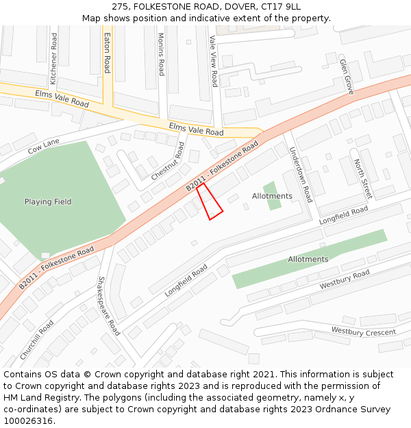 275, FOLKESTONE ROAD, DOVER, CT17 9LL: Location map and indicative extent of plot