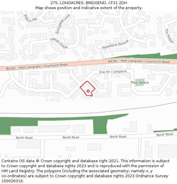 275, LONGACRES, BRIDGEND, CF31 2DH: Location map and indicative extent of plot