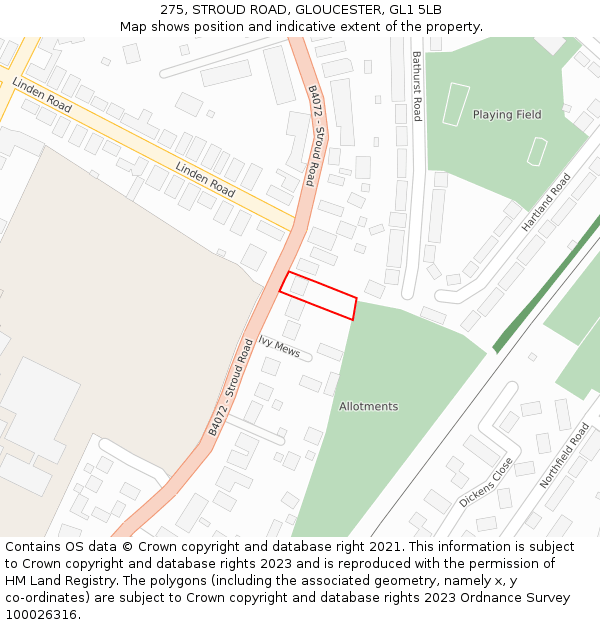 275, STROUD ROAD, GLOUCESTER, GL1 5LB: Location map and indicative extent of plot