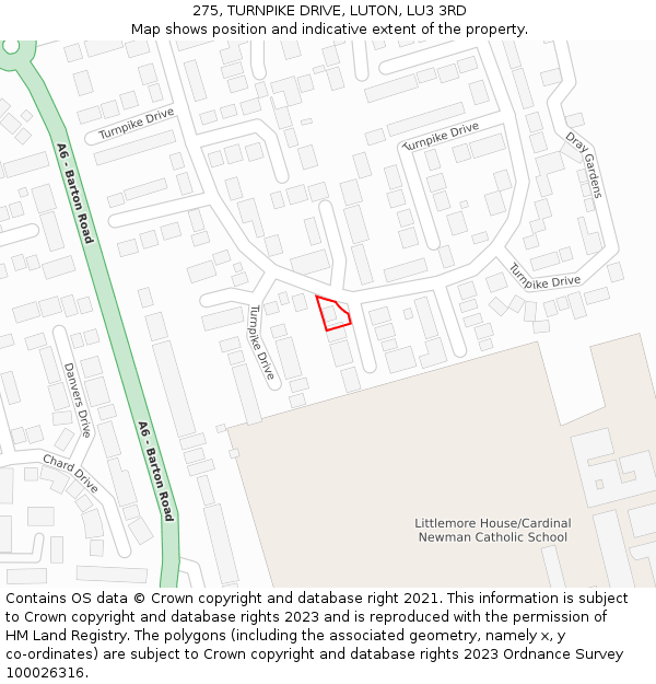 275, TURNPIKE DRIVE, LUTON, LU3 3RD: Location map and indicative extent of plot