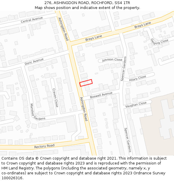 276, ASHINGDON ROAD, ROCHFORD, SS4 1TR: Location map and indicative extent of plot