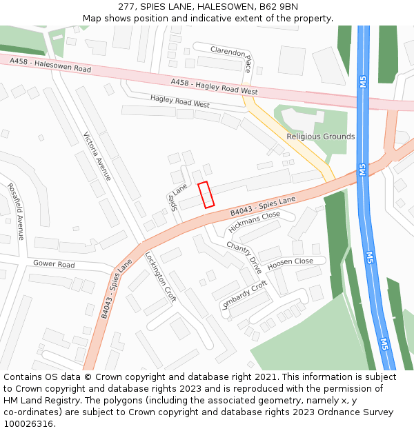 277, SPIES LANE, HALESOWEN, B62 9BN: Location map and indicative extent of plot