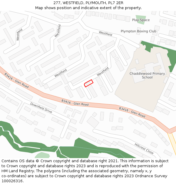 277, WESTFIELD, PLYMOUTH, PL7 2ER: Location map and indicative extent of plot