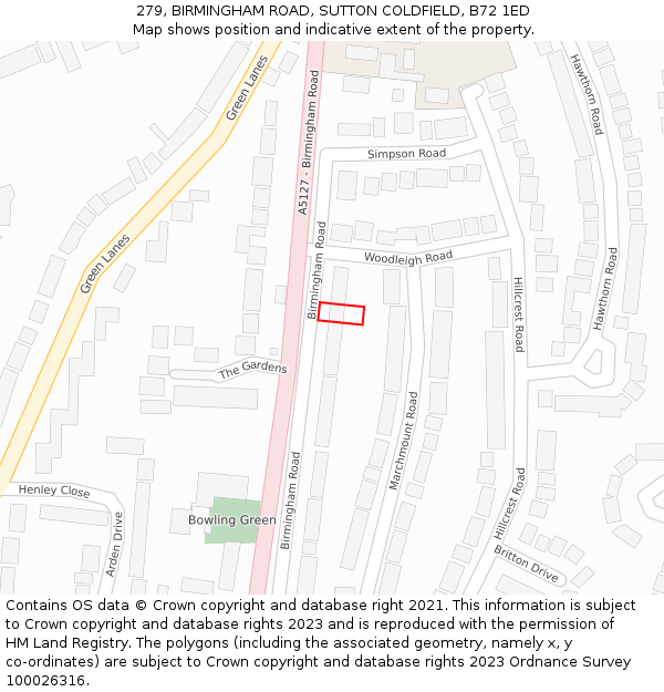 279, BIRMINGHAM ROAD, SUTTON COLDFIELD, B72 1ED: Location map and indicative extent of plot