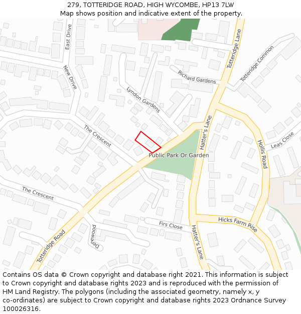 279, TOTTERIDGE ROAD, HIGH WYCOMBE, HP13 7LW: Location map and indicative extent of plot