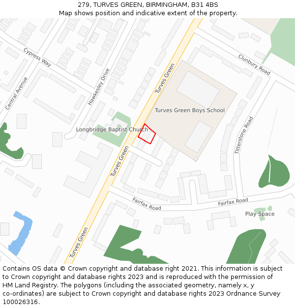 279, TURVES GREEN, BIRMINGHAM, B31 4BS: Location map and indicative extent of plot
