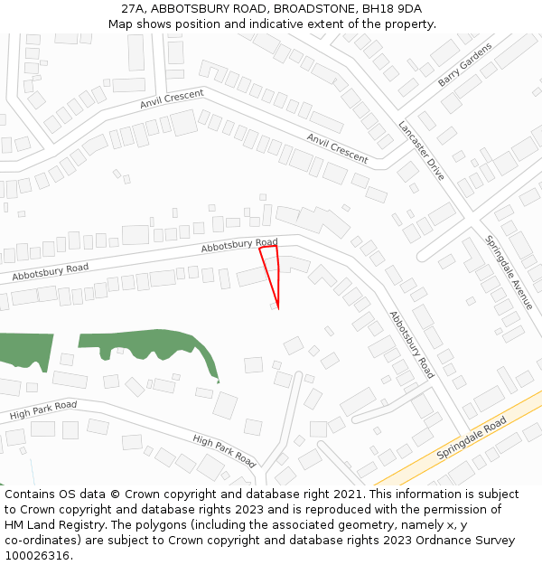 27A, ABBOTSBURY ROAD, BROADSTONE, BH18 9DA: Location map and indicative extent of plot