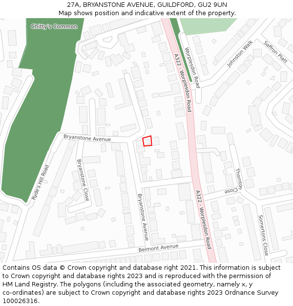 27A, BRYANSTONE AVENUE, GUILDFORD, GU2 9UN: Location map and indicative extent of plot