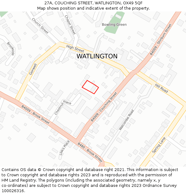 27A, COUCHING STREET, WATLINGTON, OX49 5QF: Location map and indicative extent of plot