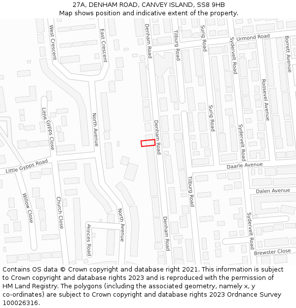 27A, DENHAM ROAD, CANVEY ISLAND, SS8 9HB: Location map and indicative extent of plot