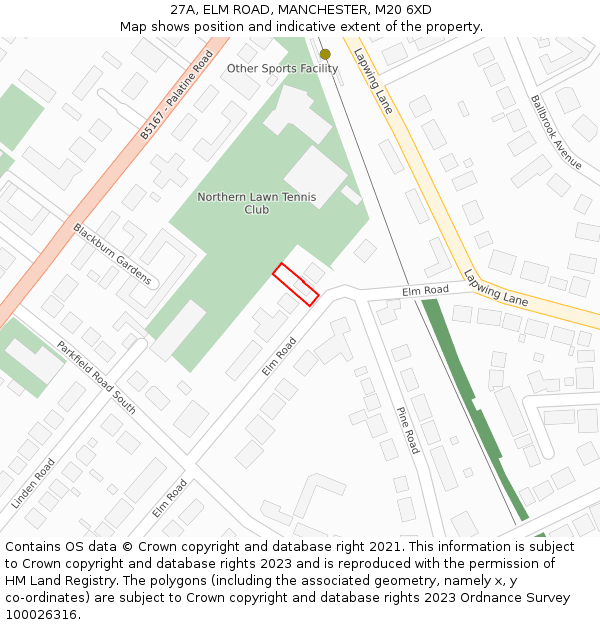 27A, ELM ROAD, MANCHESTER, M20 6XD: Location map and indicative extent of plot