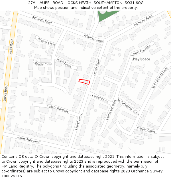 27A, LAUREL ROAD, LOCKS HEATH, SOUTHAMPTON, SO31 6QG: Location map and indicative extent of plot