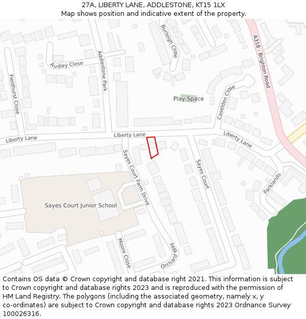 27A, LIBERTY LANE, ADDLESTONE, KT15 1LX: Location map and indicative extent of plot