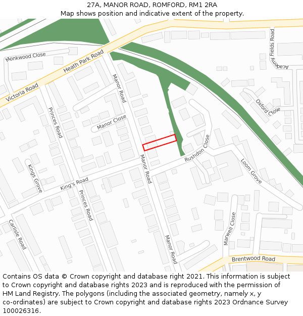 27A, MANOR ROAD, ROMFORD, RM1 2RA: Location map and indicative extent of plot