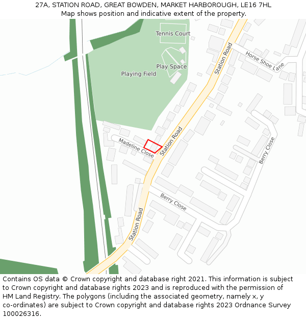 27A, STATION ROAD, GREAT BOWDEN, MARKET HARBOROUGH, LE16 7HL: Location map and indicative extent of plot