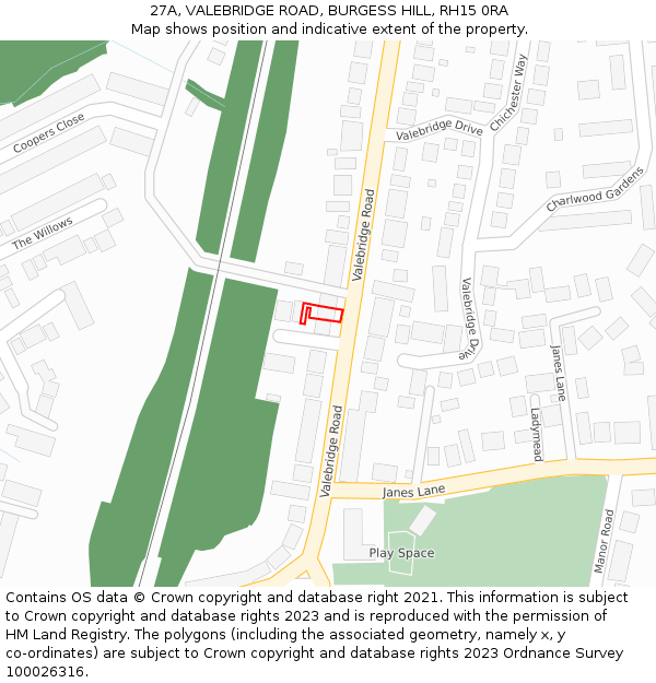 27A, VALEBRIDGE ROAD, BURGESS HILL, RH15 0RA: Location map and indicative extent of plot