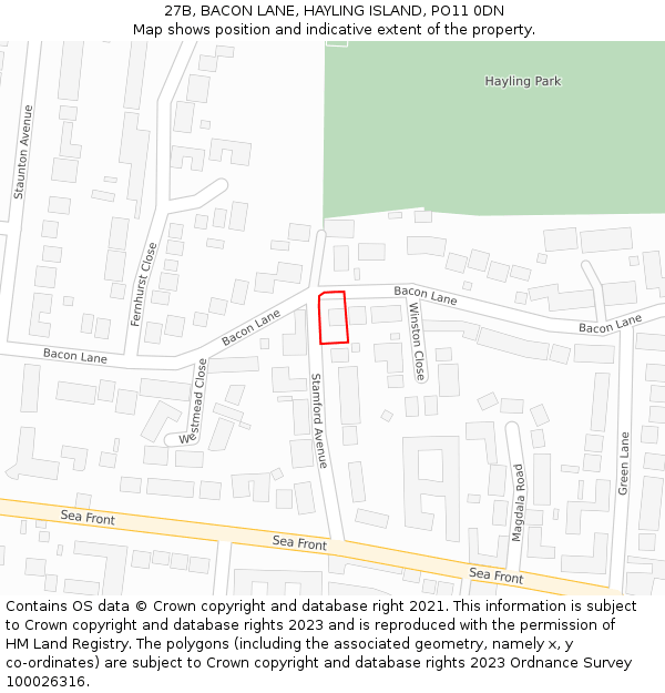 27B, BACON LANE, HAYLING ISLAND, PO11 0DN: Location map and indicative extent of plot