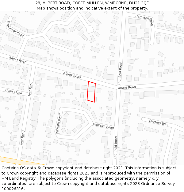 28, ALBERT ROAD, CORFE MULLEN, WIMBORNE, BH21 3QD: Location map and indicative extent of plot