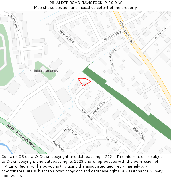 28, ALDER ROAD, TAVISTOCK, PL19 9LW: Location map and indicative extent of plot