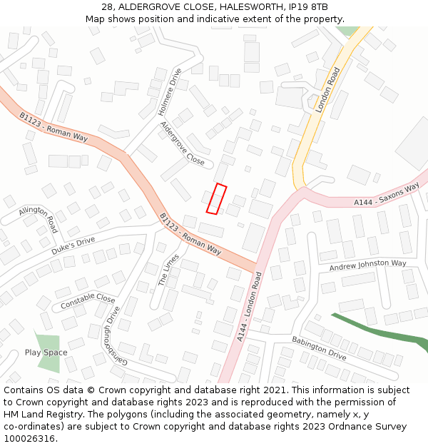 28, ALDERGROVE CLOSE, HALESWORTH, IP19 8TB: Location map and indicative extent of plot