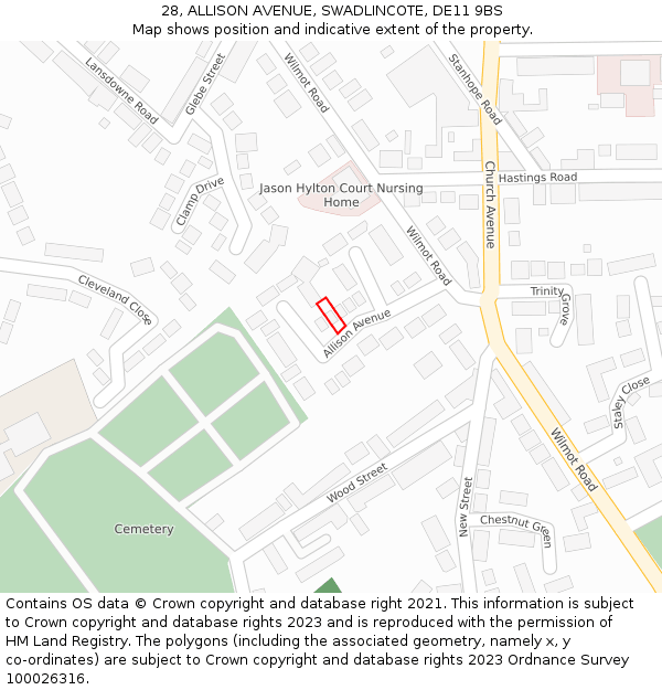 28, ALLISON AVENUE, SWADLINCOTE, DE11 9BS: Location map and indicative extent of plot