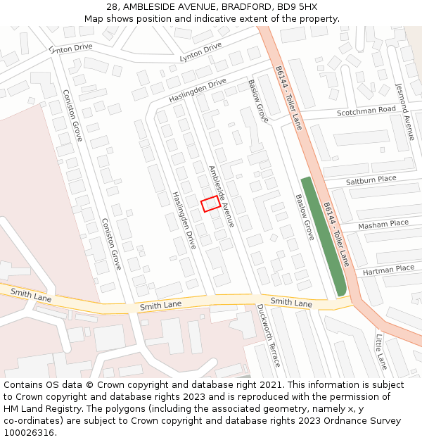 28, AMBLESIDE AVENUE, BRADFORD, BD9 5HX: Location map and indicative extent of plot