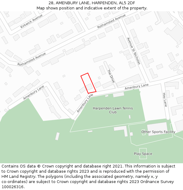 28, AMENBURY LANE, HARPENDEN, AL5 2DF: Location map and indicative extent of plot