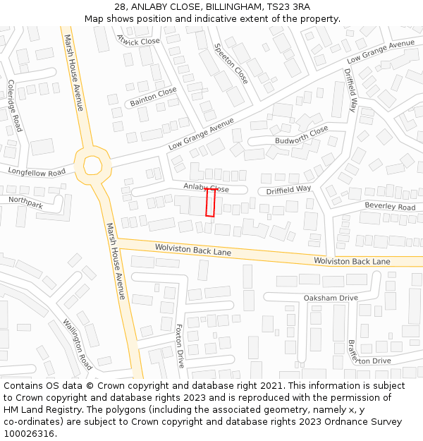 28, ANLABY CLOSE, BILLINGHAM, TS23 3RA: Location map and indicative extent of plot