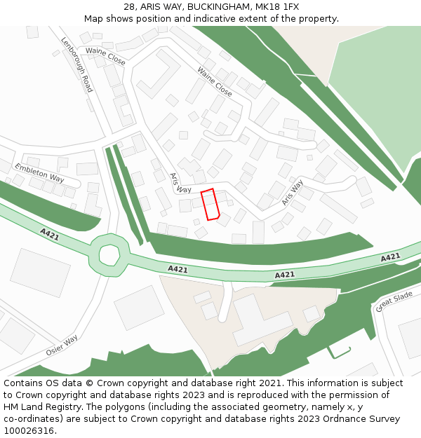 28, ARIS WAY, BUCKINGHAM, MK18 1FX: Location map and indicative extent of plot